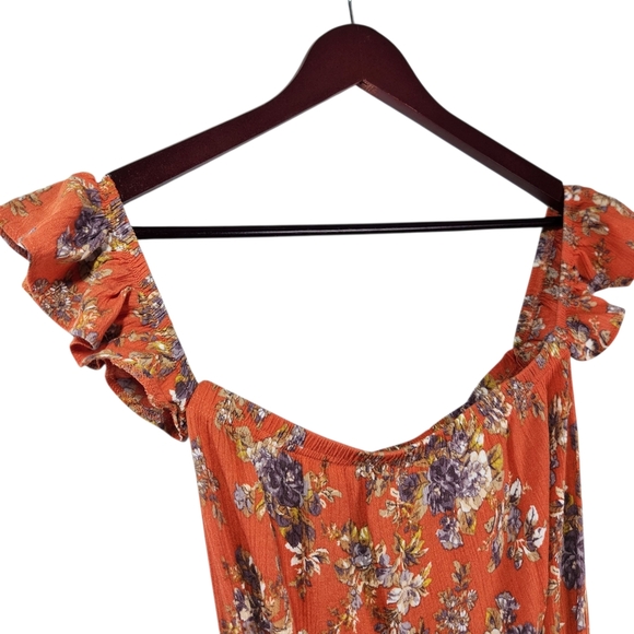 American Eagle Outfitters Orange Floral Mini Dress Off Shoulder XS Boho Pockets - Picture 3 of 14